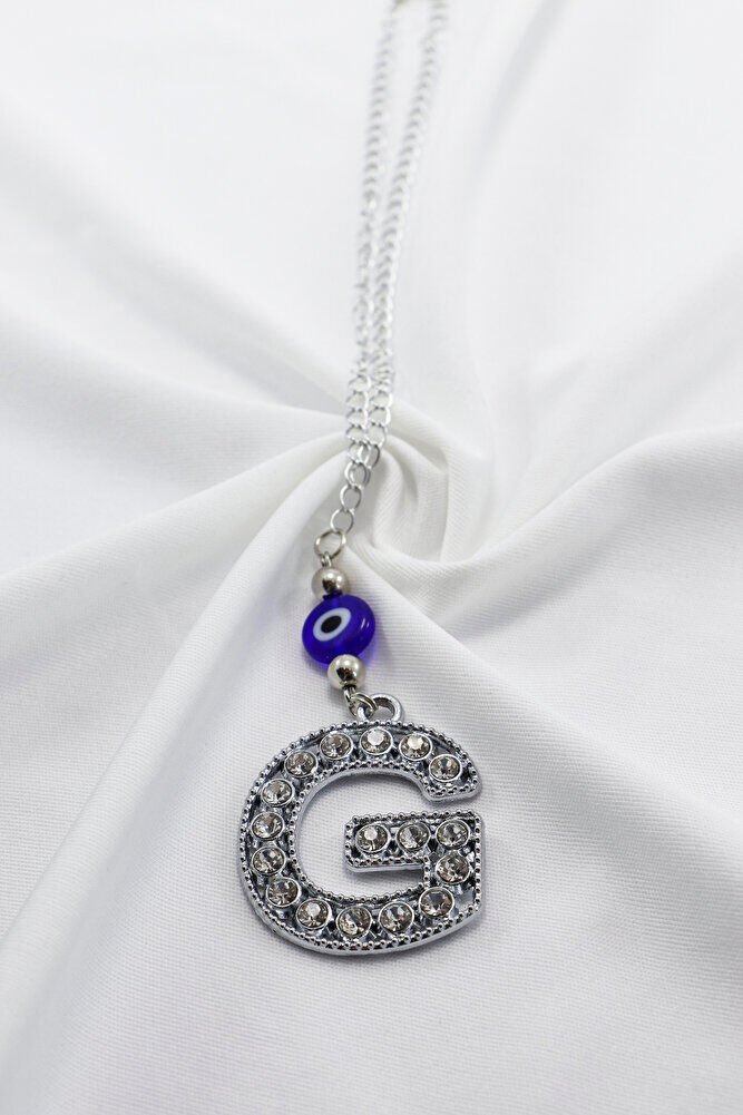 Gümüş Renkli Kristal Taşlı G Harfi Araba Dikiz Ayna Süsü, Nazar Boncklu Hediyelik Araba Süsü