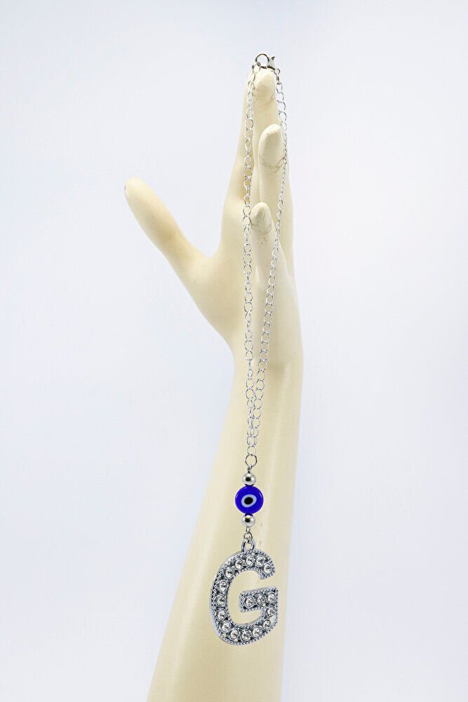 Gümüş Renkli Kristal Taşlı G Harfi Araba Dikiz Ayna Süsü, Nazar Boncklu Hediyelik Araba Süsü