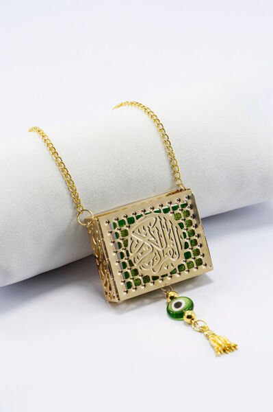 El Yapımı Cam Yeşil Nazar Boncuklu Metal Kaplı Minyatür Kur' an-ı Kerim Araba Dikiz Ayna Süsü