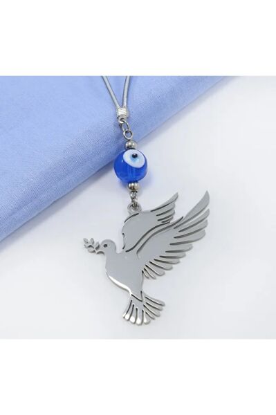 El Yapımı Lacivert Cam Nazar Boncuklu Çelik Dal Tutan Kuş Figürü Araba Dikiz Ayna Süsü