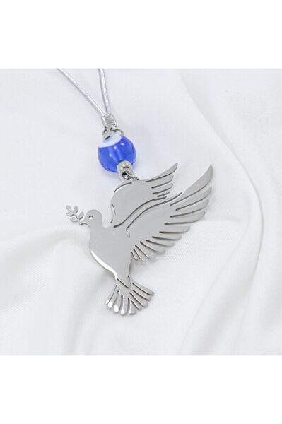 El Yapımı Lacivert Cam Nazar Boncuklu Çelik Dal Tutan Kuş Figürü Araba Dikiz Ayna Süsü