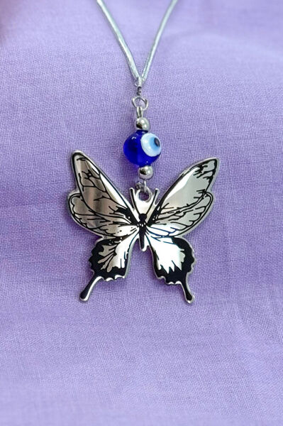 El Yapımı Cam Nazar Boncuklu Çelik Kelebek Figürlü Araba Dikiz Ayna Süsü