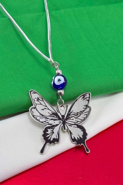 El Yapımı Cam Nazar Boncuklu Çelik Kelebek Figürlü Araba Dikiz Ayna Süsü