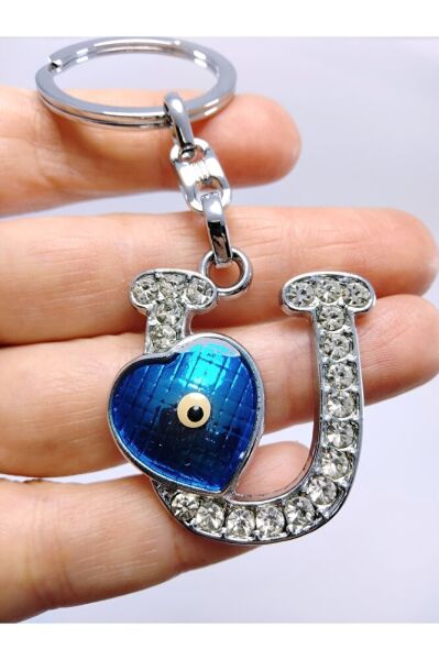 Kalp Nazar Boncuğu Metal Kristal Taşlı U Harfi Anahtarlık Hediyelik Aksesuar