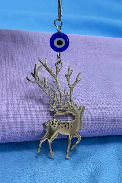 El Yapımı Yassı Cam Nazar Boncuklu Çelik Geyik Figürlü Araba Dikiz Ayna Süsü