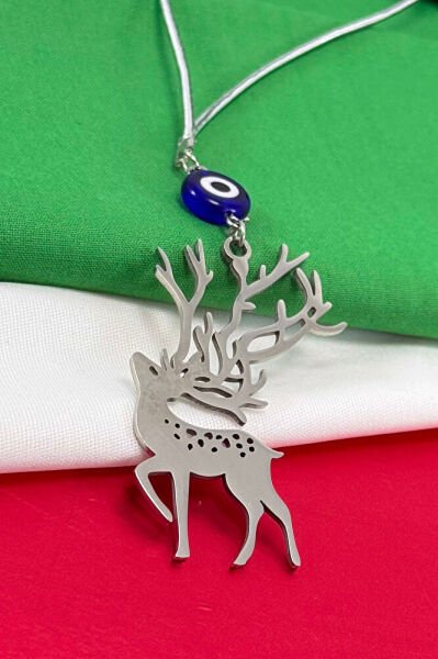 El Yapımı Yassı Cam Nazar Boncuklu Çelik Geyik Figürlü Araba Dikiz Ayna Süsü