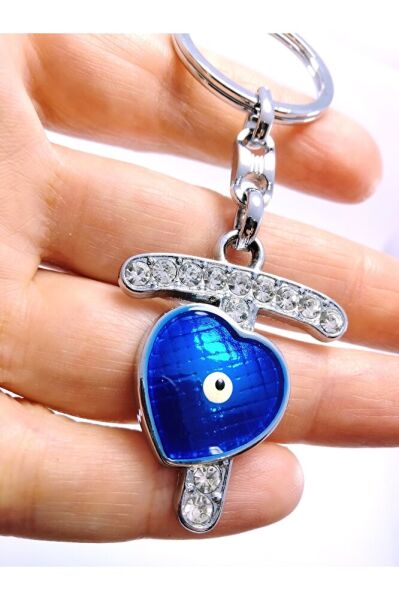 Kalp Nazar Boncuğu Metal Kristal Taşlı T Harfi Anahtarlık Hediyelik Aksesuar
