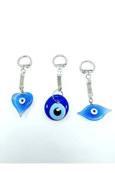 Cam Nazar Boncuğu Anahtarlık Üçlü Set El Yapımı Göz+kalp+sade Anahtarlık Hediyelik Aksesuar