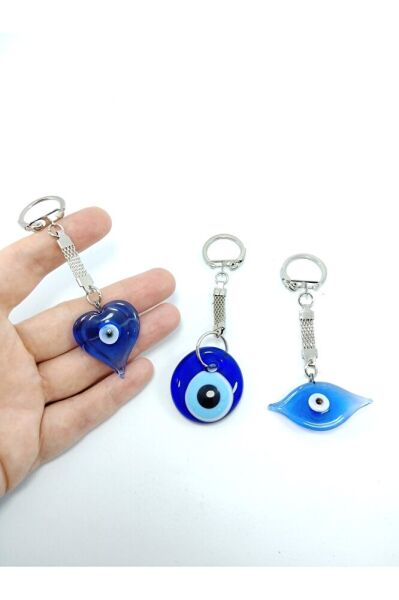 Cam Nazar Boncuğu Anahtarlık Üçlü Set El Yapımı Göz+kalp+sade Anahtarlık Hediyelik Aksesuar