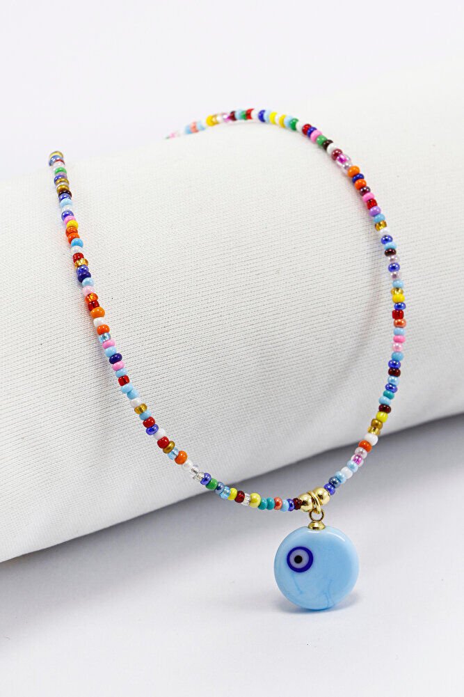 El Yapımı Cam Mavi Nazar Boncuklu Rengarenk Kum Boncuk Bijuteri Kolye