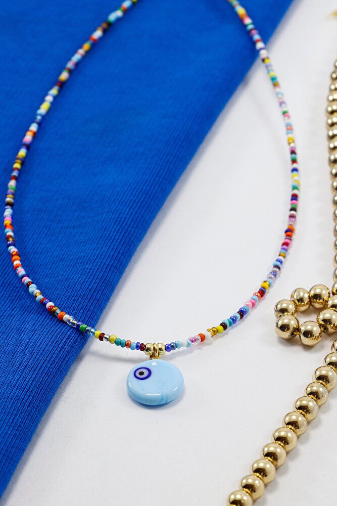 El Yapımı Cam Mavi Nazar Boncuklu Rengarenk Kum Boncuk Bijuteri Kolye