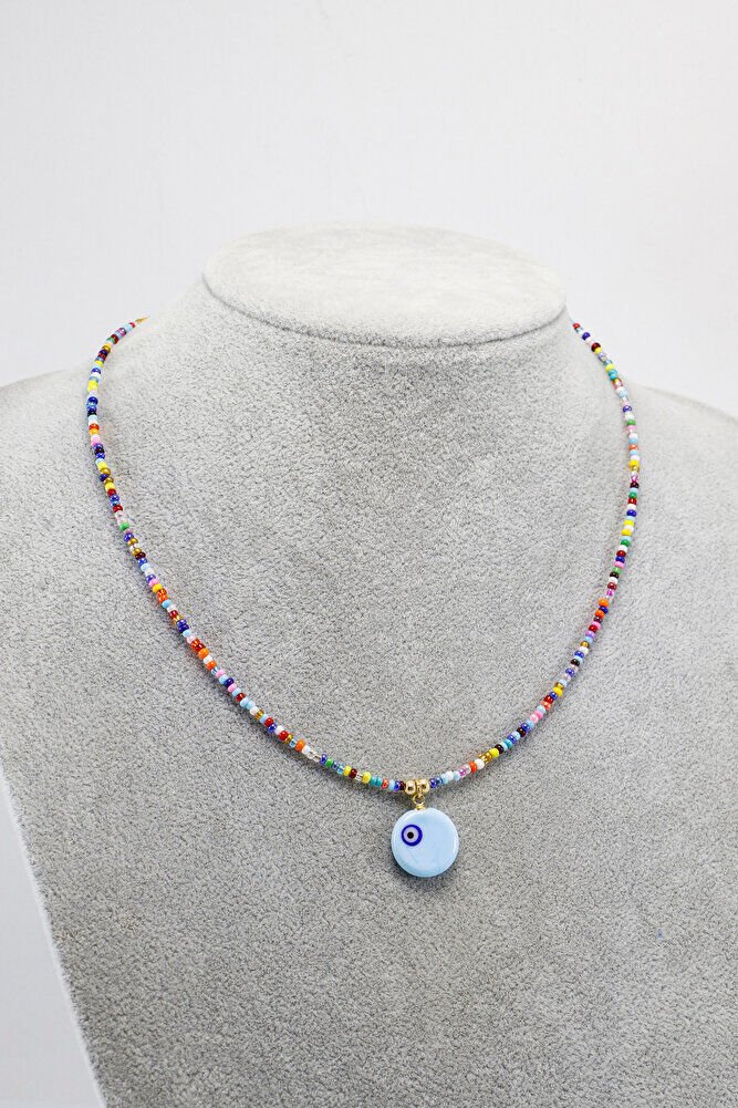 El Yapımı Cam Mavi Nazar Boncuklu Rengarenk Kum Boncuk Bijuteri Kolye