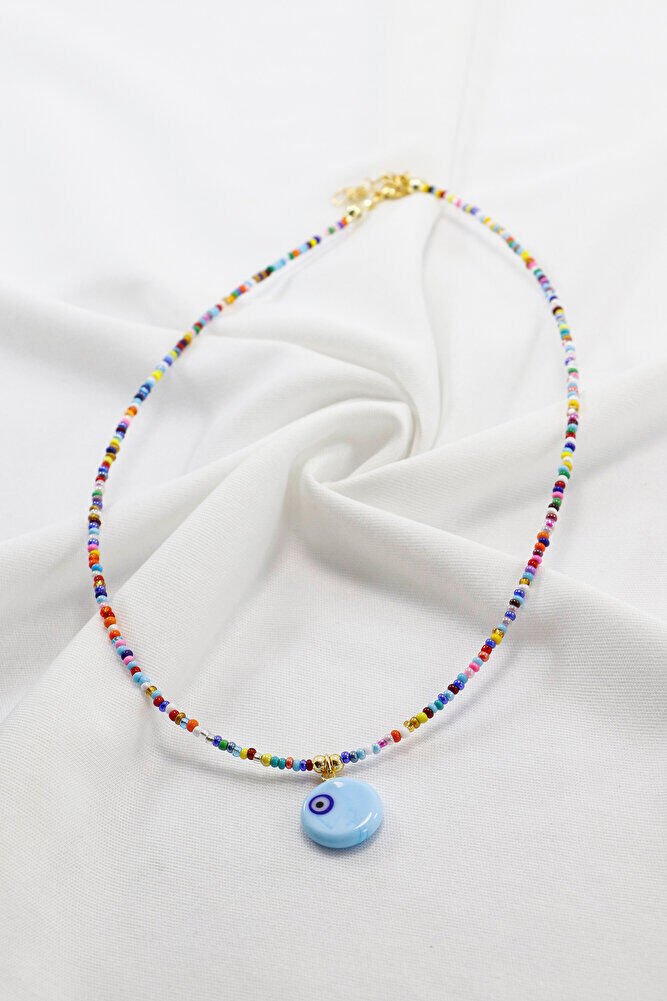 El Yapımı Cam Mavi Nazar Boncuklu Rengarenk Kum Boncuk Bijuteri Kolye