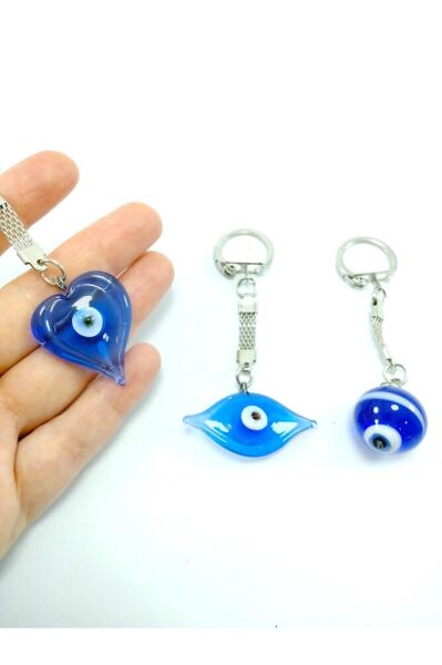 Cam Nazar Boncuğu Anahtarlık Üçlü Set El Yapımı Göz+kalp+küre Çizgili Anahtarlık Hediyelik Aksesuar