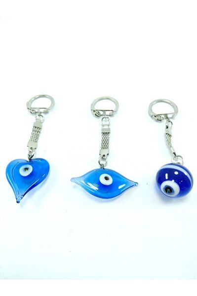 Cam Nazar Boncuğu Anahtarlık Üçlü Set El Yapımı Göz+kalp+küre Çizgili Anahtarlık Hediyelik Aksesuar