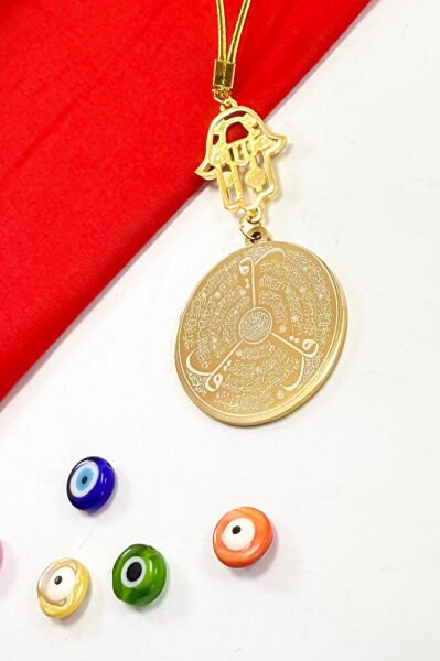 Altın Kaplama Renkli Nazarlı Fatıma Ana Eli Çift Taraflı Ayetel Kürsi, Felak Nas Ihlas Araba Süsü