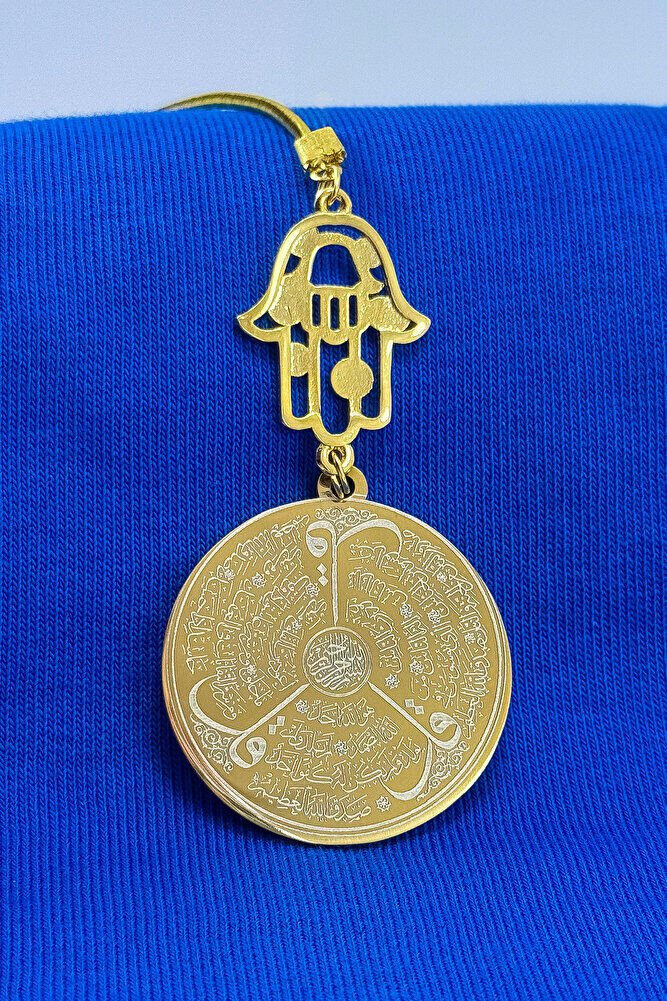 Altın Kaplama Renkli Nazarlı Fatıma Ana Eli Çift Taraflı Ayetel Kürsi, Felak Nas Ihlas Araba Süsü