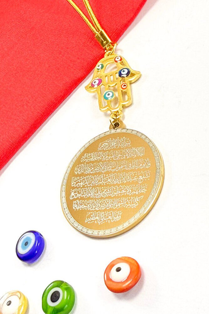 Altın Kaplama Renkli Nazarlı Fatıma Ana Eli Çift Taraflı Ayetel Kürsi, Felak Nas Ihlas Araba Süsü