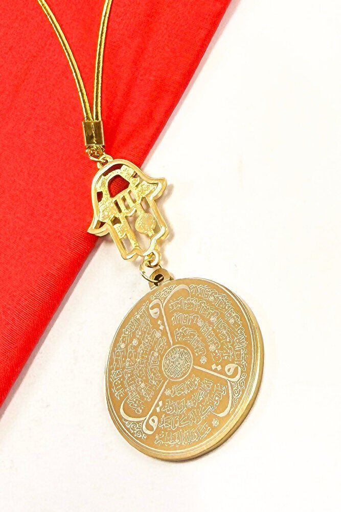 Altın Kaplama Renkli Nazarlı Fatıma Ana Eli Çift Taraflı Ayetel Kürsi, Felak Nas Ihlas Araba Süsü