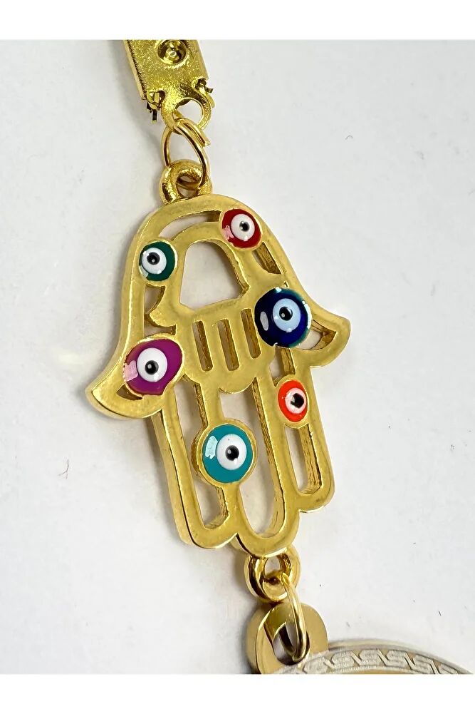 Altın Kaplama Renkli Nazarlı Fatıma Ana Eli Çift Taraflı Ayetel Kürsi, Felak Nas Ihlas Araba Süsü