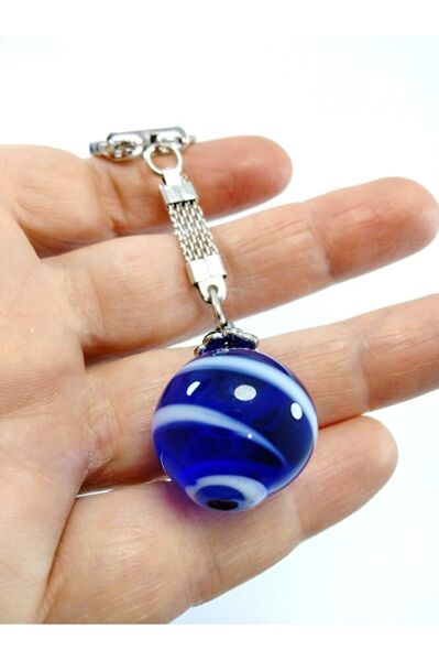 Cam Nazar Boncuğu Küre Çizgili Anahtarlık El Yapımı Hediyelik Aksesuar