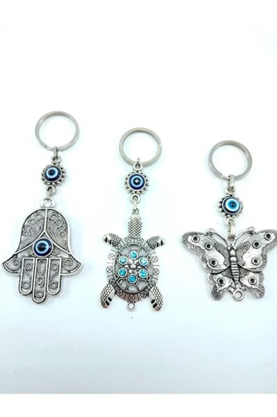 Nazar Boncuğu Anahtarlık Seti Metal Kelebek Kaplumbağa Hamse Eli Üçlü Hediyelik Eşya