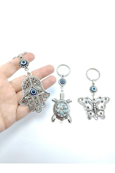 Nazar Boncuğu Anahtarlık Seti Metal Kelebek Kaplumbağa Hamse Eli Üçlü Hediyelik Eşya