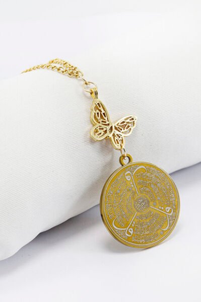 Pembe Parlak Taşlı Çelik Ön Allah Ayetel Kürsi Arka Felak Nas Ihlas Araba Dikiz Ayna Süsü Gold