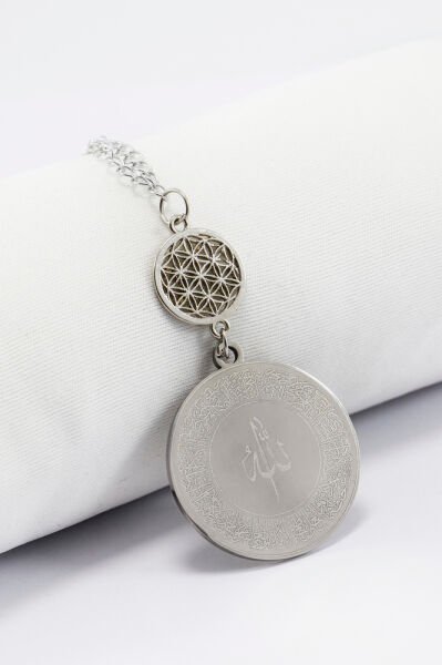 Gümüş Renkli Yaşam Çiçeği Paslanmaz Çelik Ayetel Kürsi / Felak Nas Ihlas Araba Dikiz Ayna Süsü