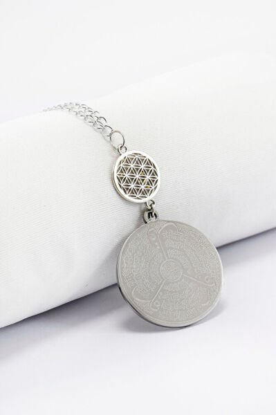 Gümüş Renkli Yaşam Çiçeği Paslanmaz Çelik Ayetel Kürsi / Felak Nas Ihlas Araba Dikiz Ayna Süsü