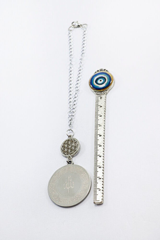 Gümüş Renkli Yaşam Çiçeği Paslanmaz Çelik Ayetel Kürsi / Felak Nas Ihlas Araba Dikiz Ayna Süsü