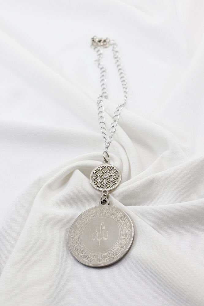 Gümüş Renkli Yaşam Çiçeği Paslanmaz Çelik Ayetel Kürsi / Felak Nas Ihlas Araba Dikiz Ayna Süsü