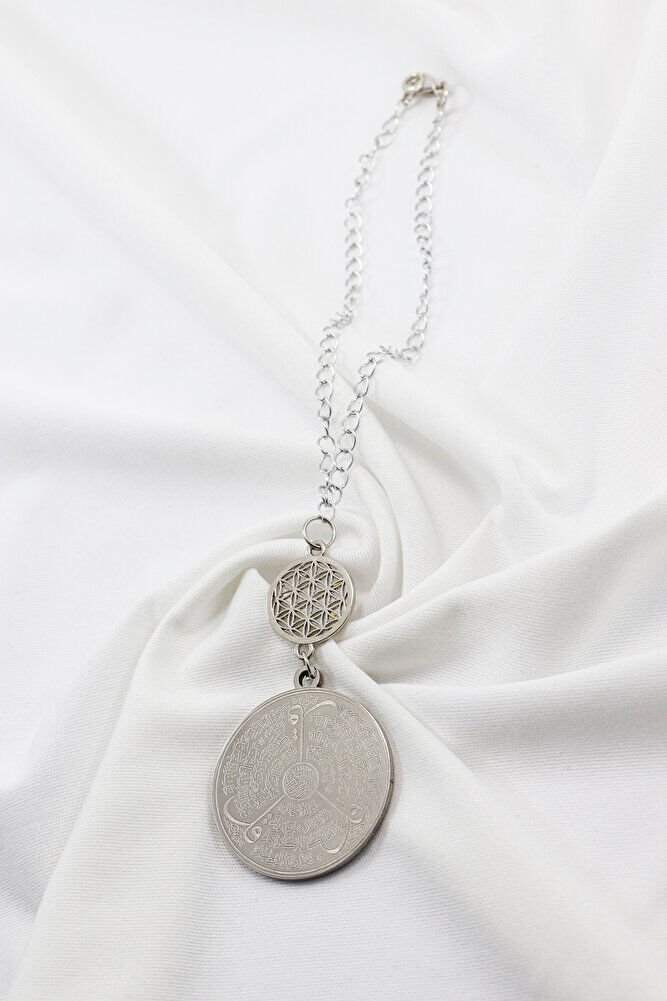 Gümüş Renkli Yaşam Çiçeği Paslanmaz Çelik Ayetel Kürsi / Felak Nas Ihlas Araba Dikiz Ayna Süsü