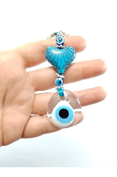 Saydam Nazar Boncuklu Anahtarlık Kalp Temalı El Yapımı Cam Hediyelik Aksesuar