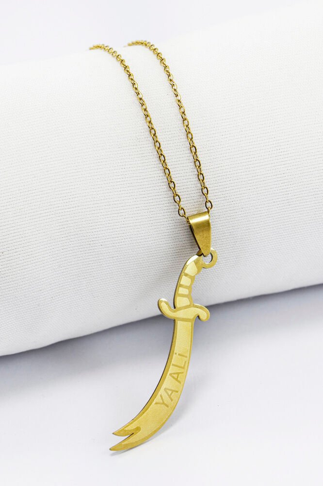 Paslanmaz Çelik Gold Renkli Kılıç Ya Ali Çelik Kolye , Hediyelik Kolye (60 cm)