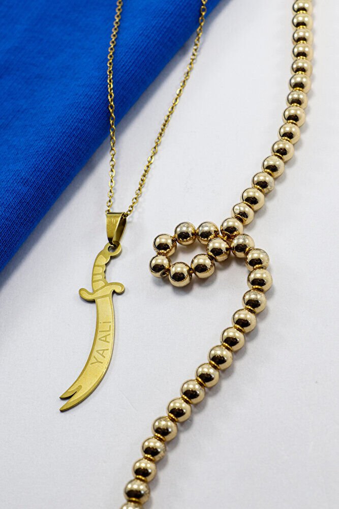 Paslanmaz Çelik Gold Renkli Kılıç Ya Ali Çelik Kolye , Hediyelik Kolye (60 cm)