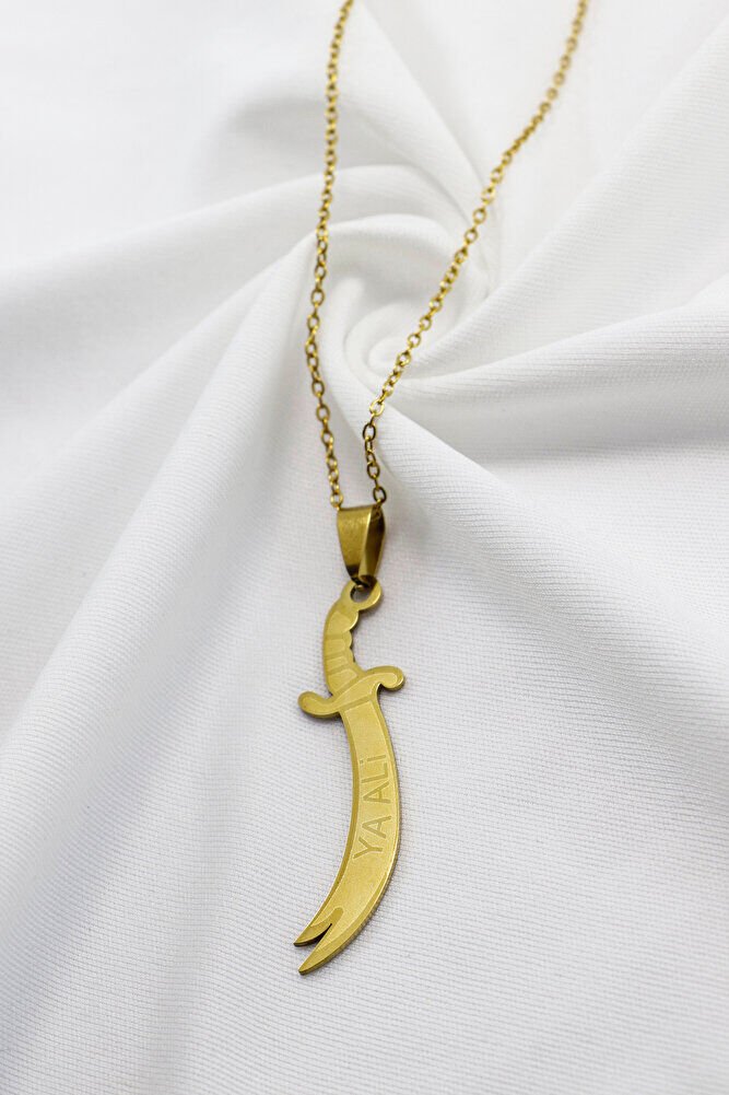 Paslanmaz Çelik Gold Renkli Kılıç Ya Ali Çelik Kolye , Hediyelik Kolye (60 cm)