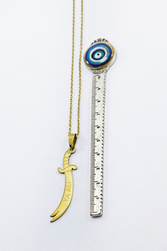 Paslanmaz Çelik Gold Renkli Kılıç Ya Ali Çelik Kolye , Hediyelik Kolye (60 cm)