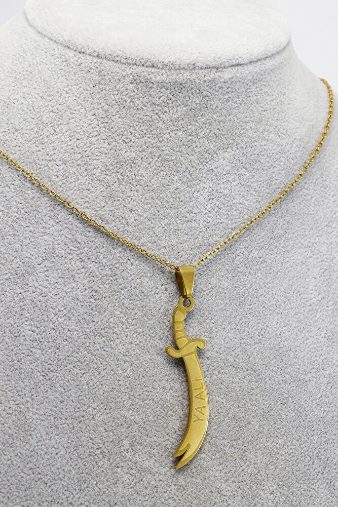 Paslanmaz Çelik Gold Renkli Kılıç Ya Ali Çelik Kolye , Hediyelik Kolye (60 cm)