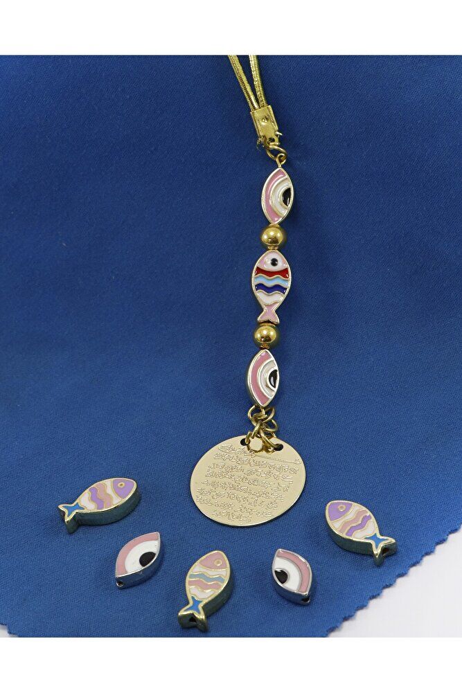 Küçük, Renkli Balık Elips Nazarlı Metal Ayetel Kürsi Araba Dikiz Ayna Süsü, Gold Renkli