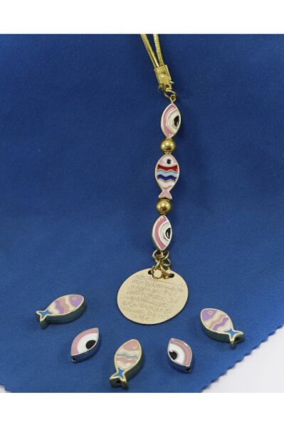 Küçük, Renkli Balık Elips Nazarlı Metal Ayetel Kürsi Araba Dikiz Ayna Süsü, Gold Renkli