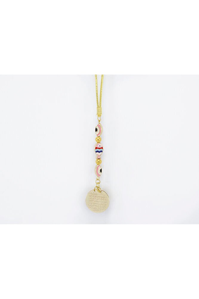 Küçük, Renkli Balık Elips Nazarlı Metal Ayetel Kürsi Araba Dikiz Ayna Süsü, Gold Renkli