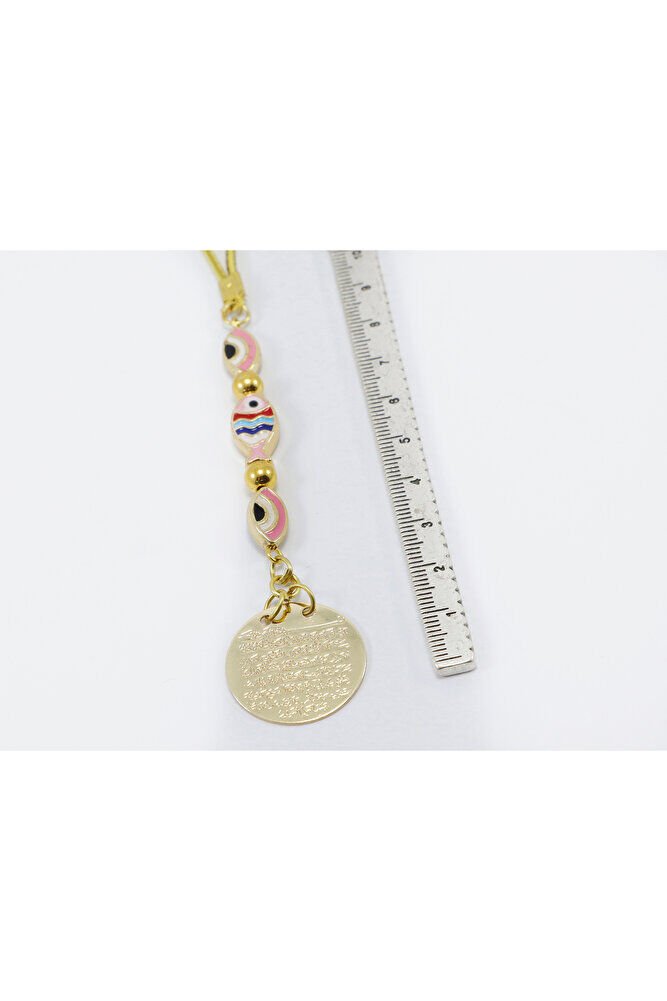 Küçük, Renkli Balık Elips Nazarlı Metal Ayetel Kürsi Araba Dikiz Ayna Süsü, Gold Renkli