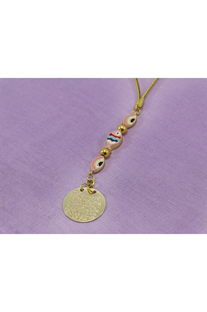 Küçük, Renkli Balık Elips Nazarlı Metal Ayetel Kürsi Araba Dikiz Ayna Süsü, Gold Renkli