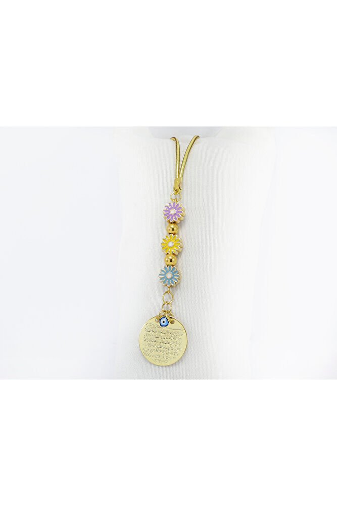 Küçük, Çerçeveli Çiçek Metal Ayetel Kürsi Araba Dikiz Ayna Süsü, Gold Renkli