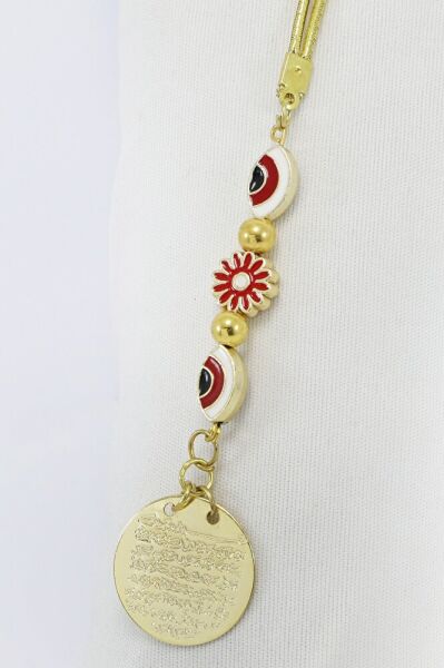 Küçük,Elips Nazar Boncuklu Çerçeveli Çiçek Metal Ayetel Kürsi Araba Dikiz Ayna Süsü, Gold Renkli