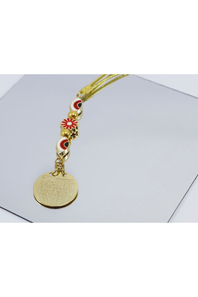 Küçük,Elips Nazar Boncuklu Çerçeveli Çiçek Metal Ayetel Kürsi Araba Dikiz Ayna Süsü, Gold Renkli