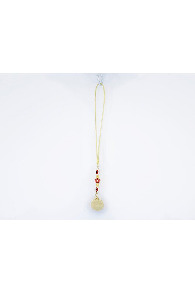 Küçük,Elips Nazar Boncuklu Çerçeveli Çiçek Metal Ayetel Kürsi Araba Dikiz Ayna Süsü, Gold Renkli