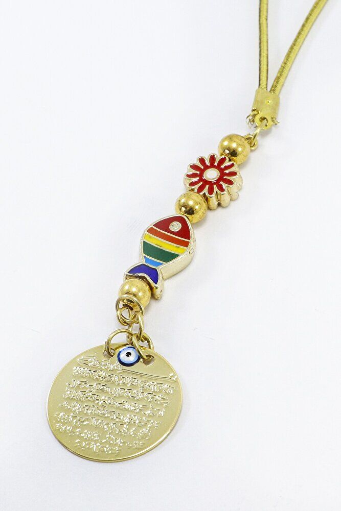 Small, Colorful Fish Framed Flower Metal Ayetel Kursi Car Rearview Mirror Ornament, Gold Color