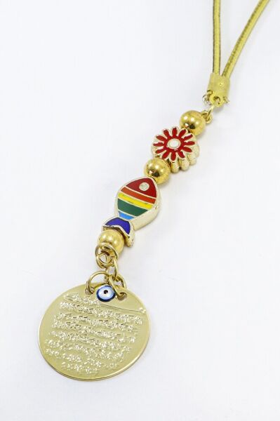 Küçük, Renkli Balık Çerçeveli Çiçek Metal Ayetel Kürsi Araba Dikiz Ayna Süsü, Gold Renkli